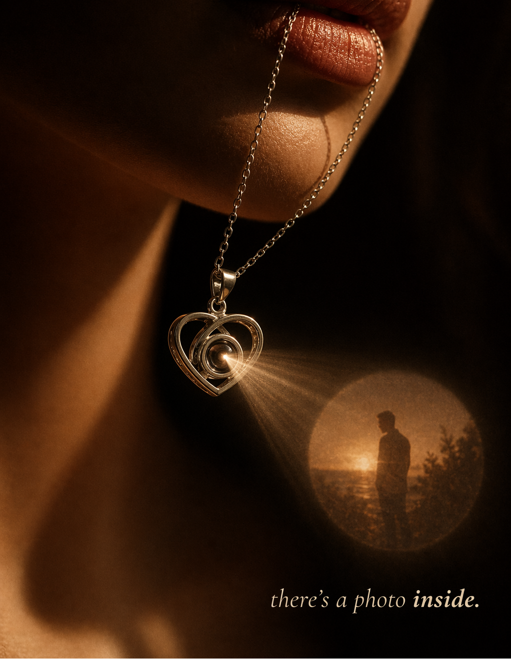 A close-up of a woman's lower face wearing a silver heart-shaped pendant necklace on a chain. The pendant has a glowing light effect that projects a circular photo of a man's silhouette onto the skin below.