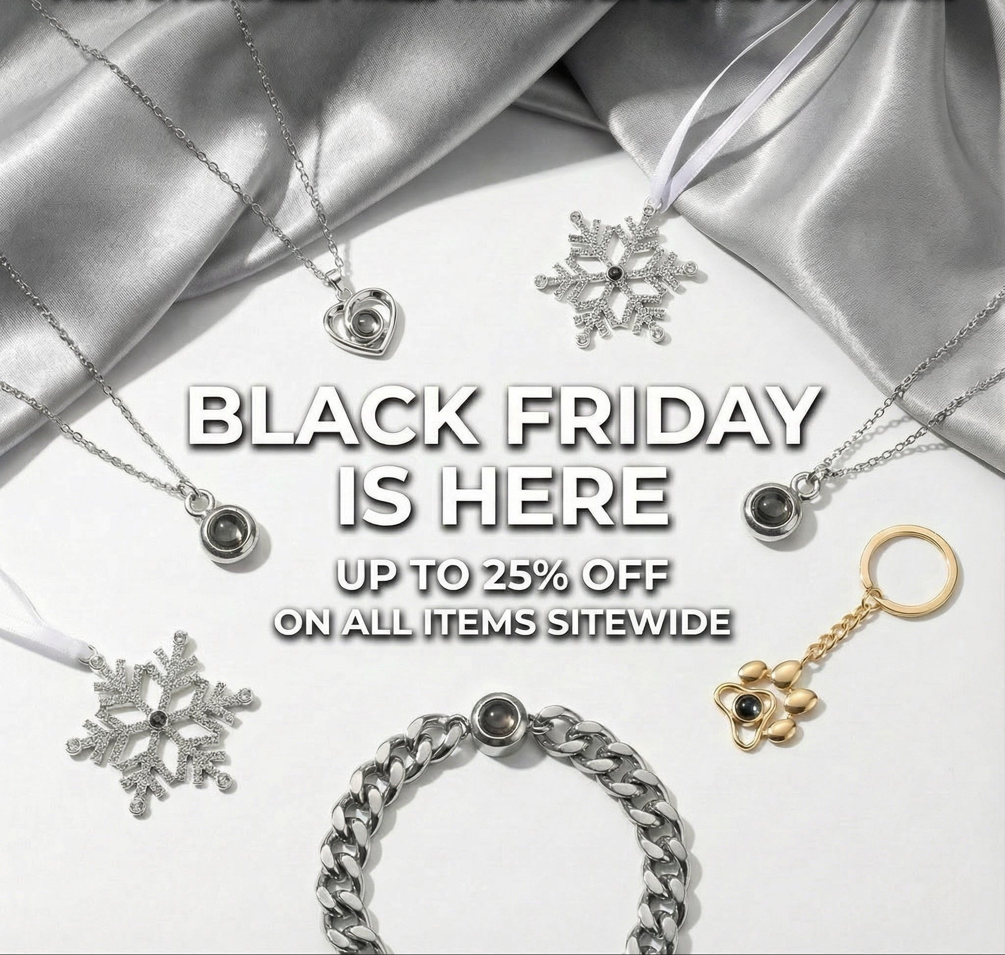 Jewelry on a white background with promotional text for Black Friday sale.